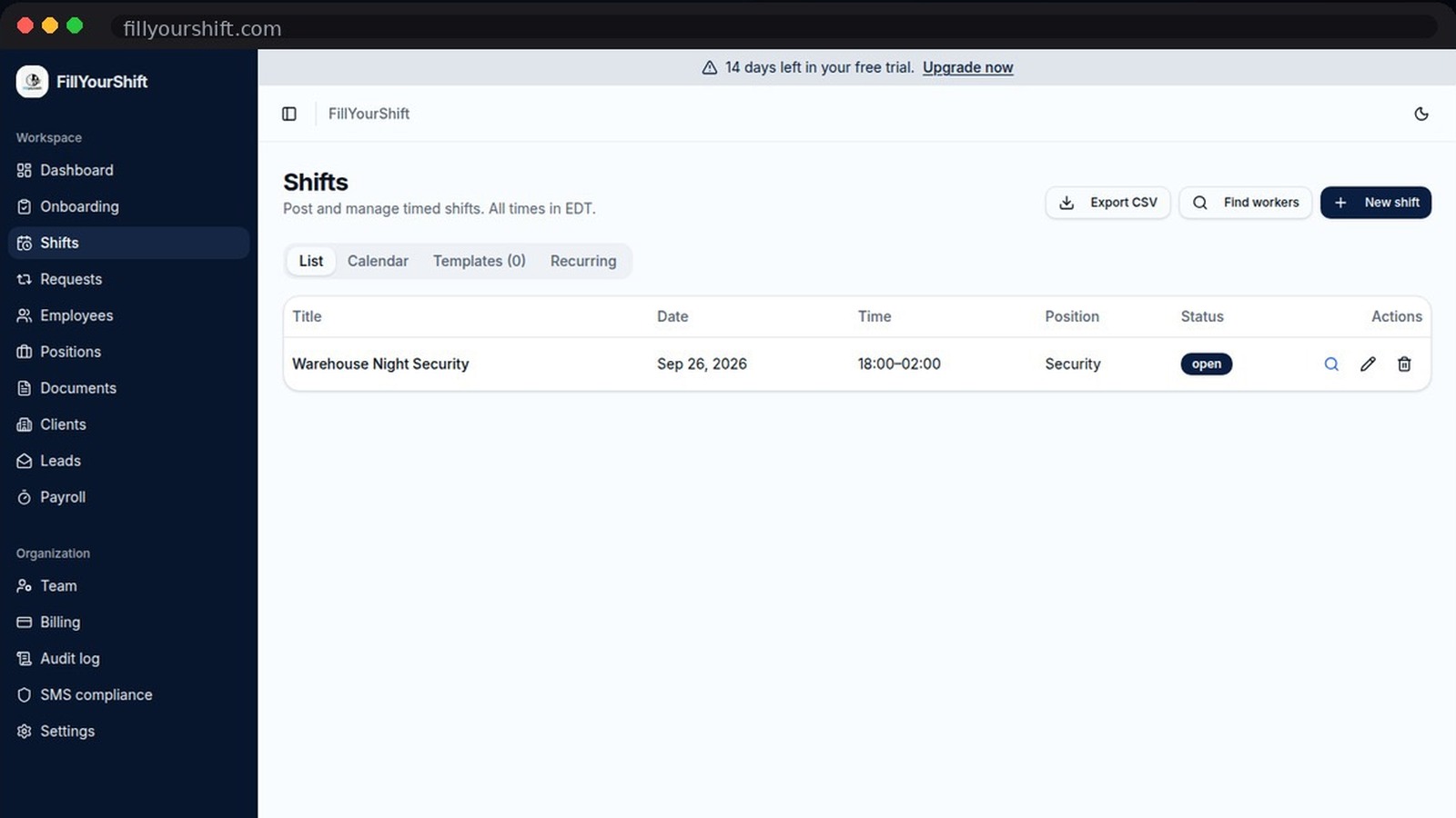 FillYourShift Shifts page showing a timed open shift and worker-finding controls